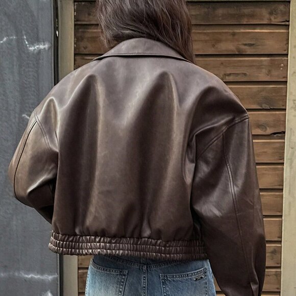 Brown Casual Womens Short faux Leather Jacket - Picture 3 of 7